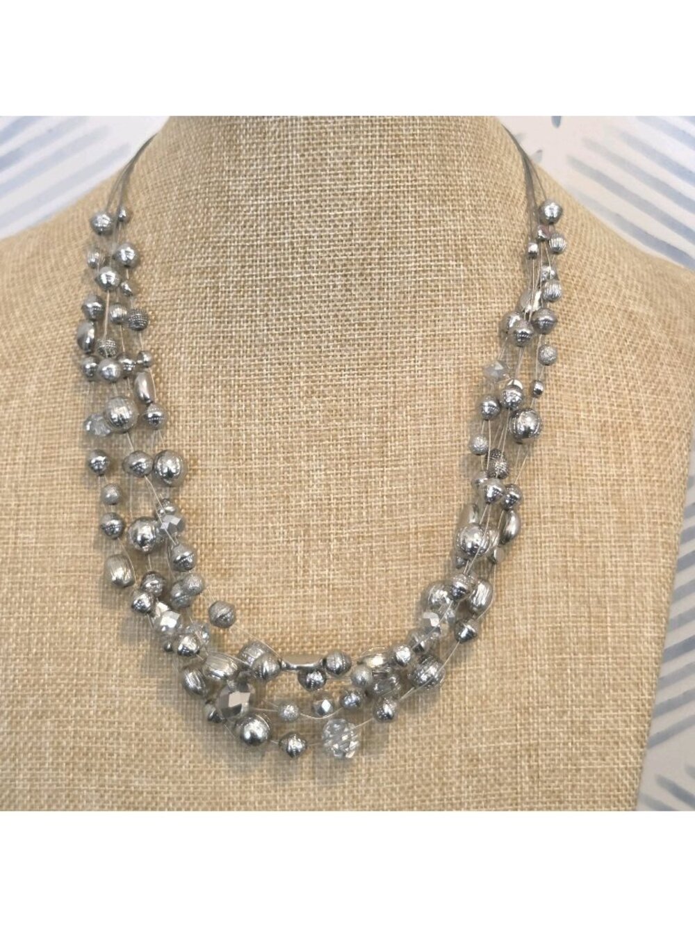 Premier Designs Silver Tone Beaded  Multi Strand Invisible Wire Necklace